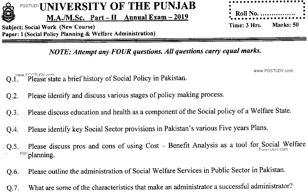 MSc Part 2 Social Work Social Policy Planning And Welfare Administration Past Paper 2019 Punjab University Subjective