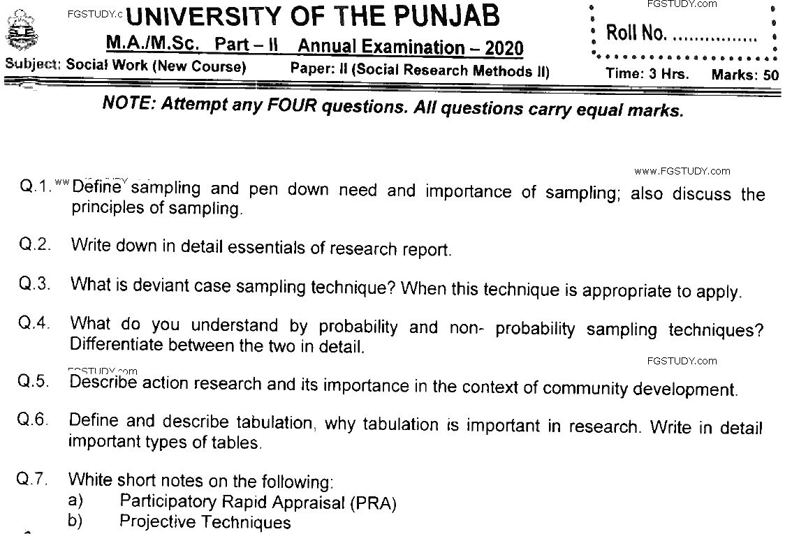 MSc Part 2 Social Work Social Research Methods 2 Past Paper 2020 Punjab University Subjective