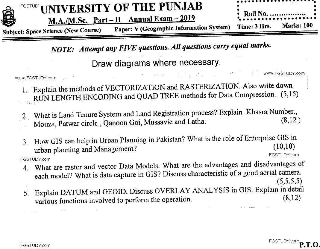 MSc Part 2 Space Science Geographic Information System Past Paper 2019 Punjab University Subjective