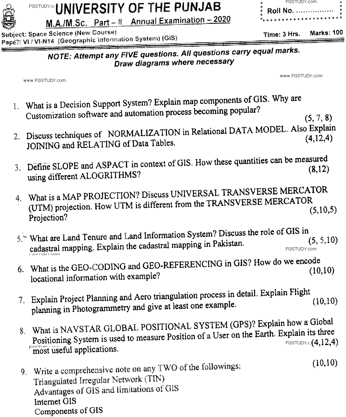 MSc Part 2 Space Science Geographic Information System Past Paper 2020 Punjab University Subjective