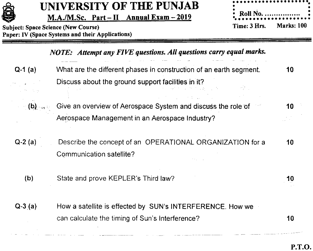 MSc Part 2 Space Science Space Systems And Their Applications Past Paper 2019 Punjab University Subjective