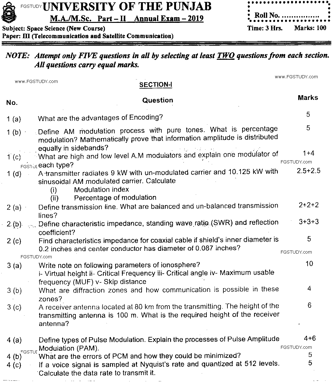 MSc Part 2 Space Science Telecommunication And Satellite Communication Past Paper 2019 Punjab University Subjective