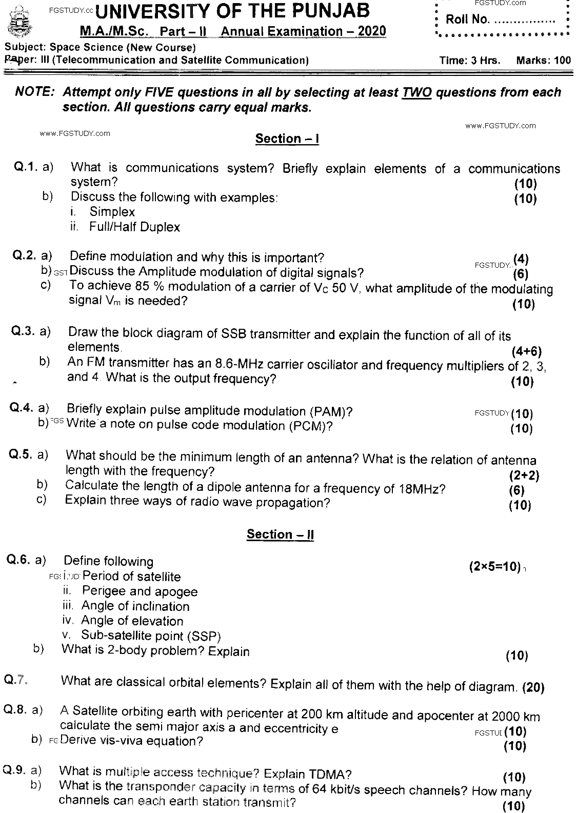 MSc Part 2 Space Science Telecommunication And Satellite Communication Past Paper 2020 Punjab University Subjective