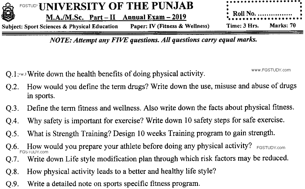 MSc Part 2 Sport Sciences And Physical Education Fitness And Wellness Past Paper 2019 Punjab University Subjective