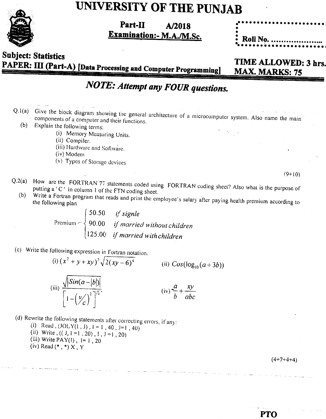 MSc Part 2 Statistics Data Processing And Computer Programming Past Paper 2018 Punjab University Subjective