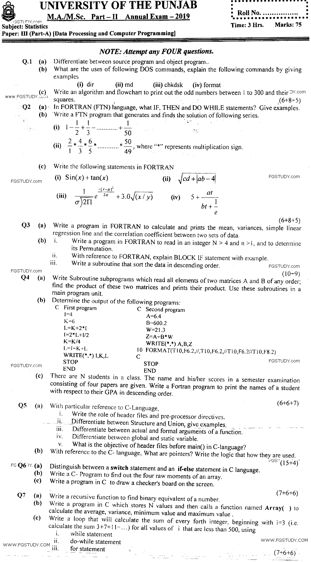 MSc Part 2 Statistics Data Processing And Computer Programming Past Paper 2019 Punjab University Subjective