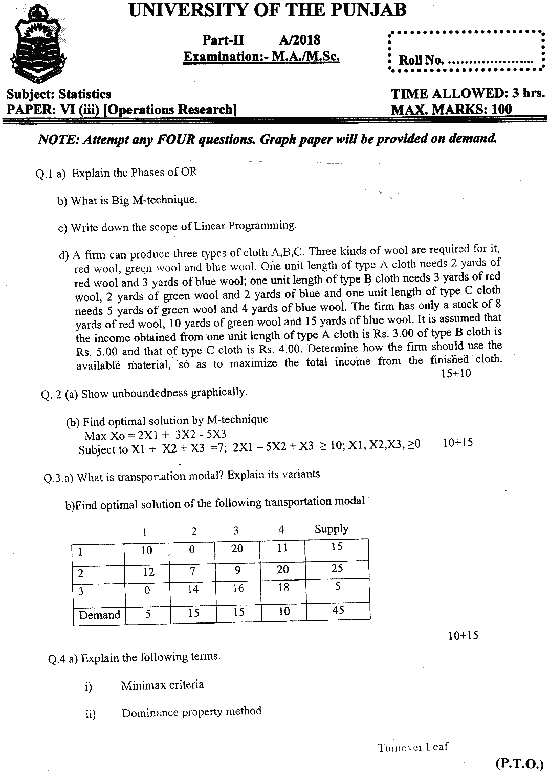 MSc Part 2 Statistics Operations Research Past Paper 2018 Punjab University Subjective