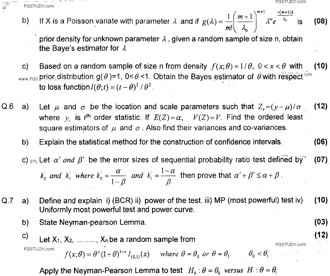 MSc Part 2 Statistics Statistical Inference Past Paper 2018 Punjab University Subjective