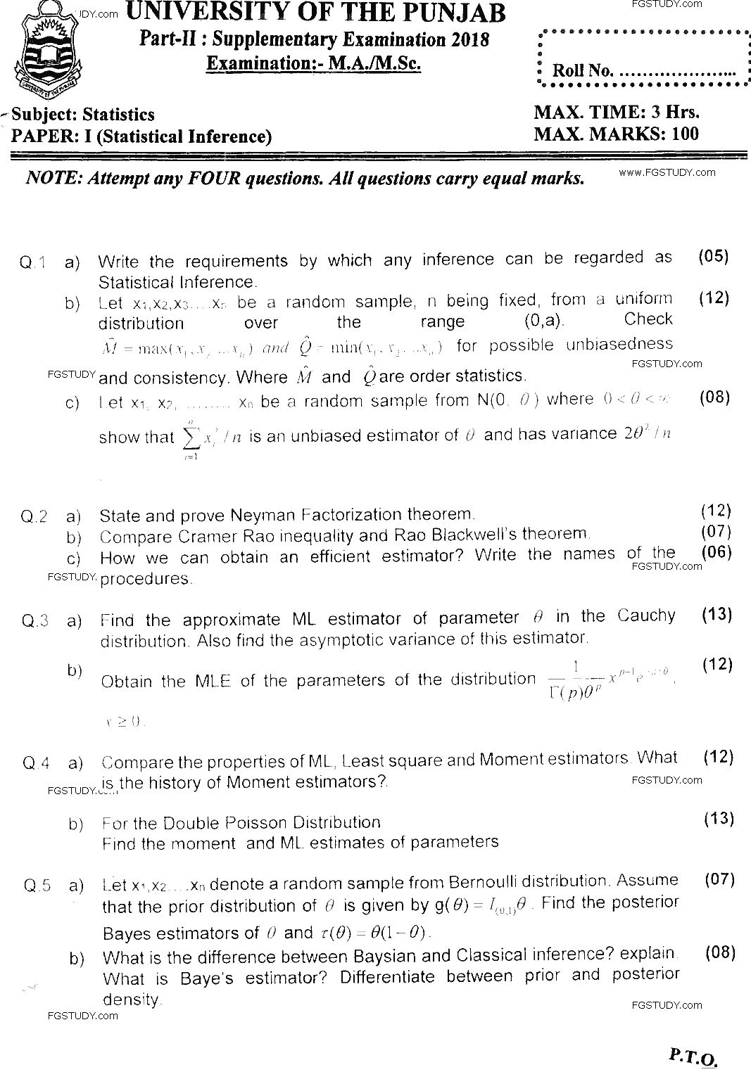 MSc Part 2 Statistics Statistical Inference Past Paper 2018 Punjab University Subjective