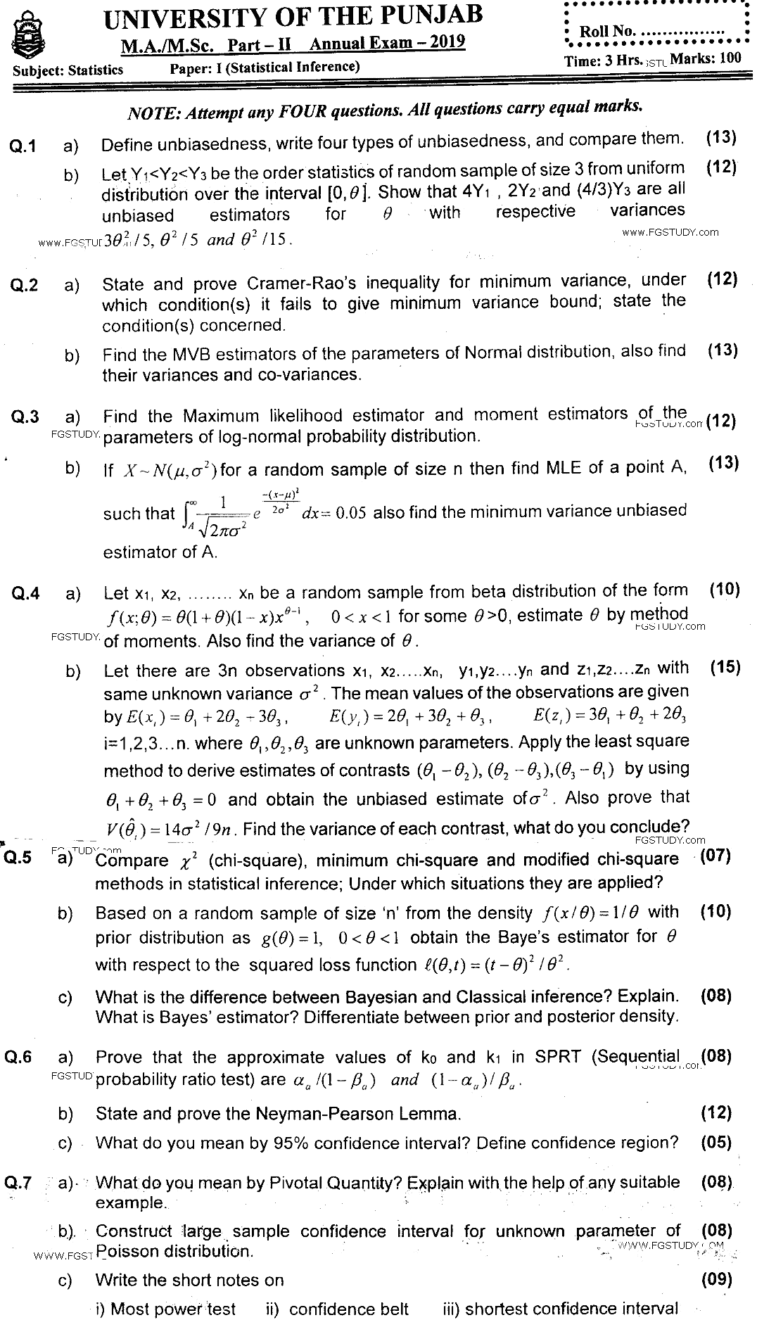 MSc Part 2 Statistics Statistical Inference Past Paper 2019 Punjab University Subjective