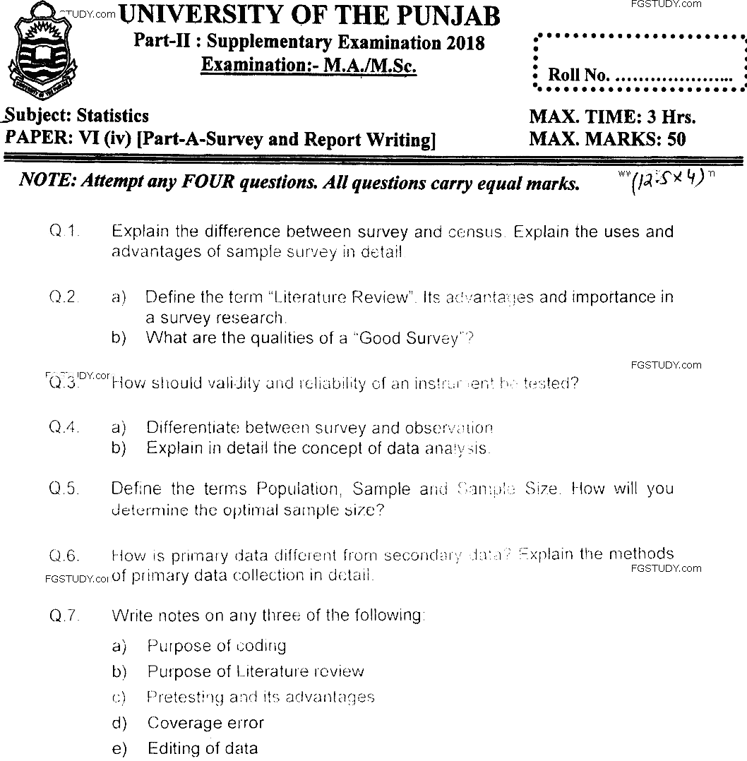 MSc Part 2 Statistics Survey And Report Writing Past Paper 2018 Punjab University Subjective