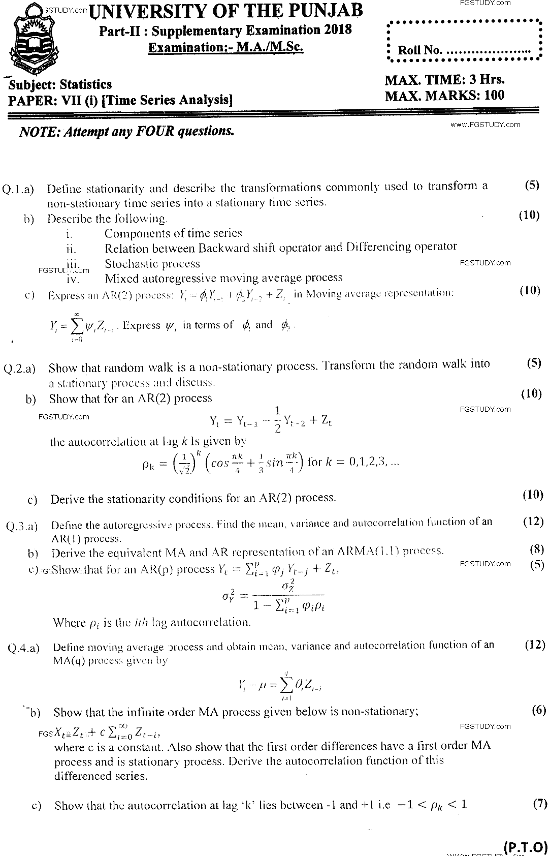 MSc Part 2 Statistics Time Series Analysis And Forecasting Past Paper 2018 Punjab University Subjective