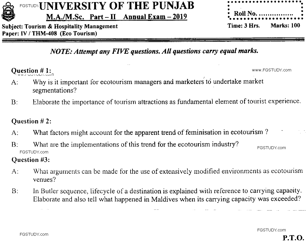 MSc Part 2 Tourism And Hospitality Management Eco Tourism Past Paper 2019 Punjab University Subjective