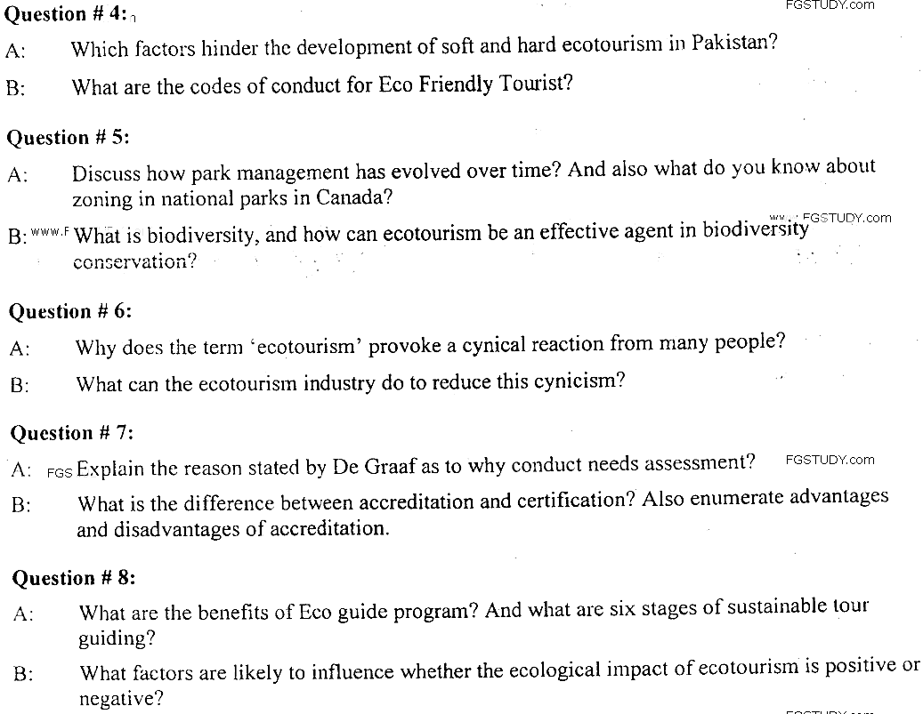 MSc Part 2 Tourism And Hospitality Management Eco Tourism Past Paper 2019 Punjab University Subjective