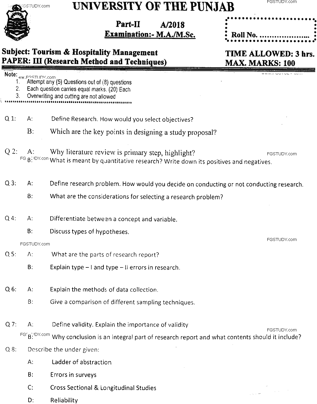 MSc Part 2 Tourism And Hospitality Management Research Method And Techniques Past Paper 2018 Punjab University Subjective