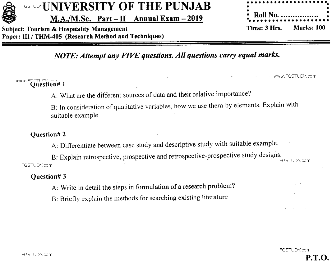MSc Part 2 Tourism And Hospitality Management Research Method And Techniques Past Paper 2019 Punjab University Subjective