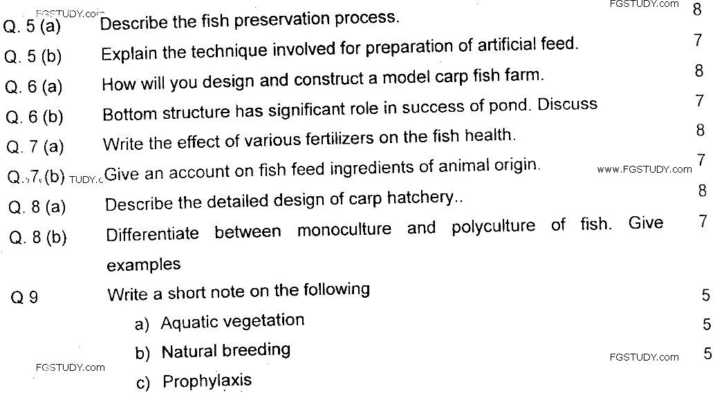 MSc Part 2 Zoology Applied Fisheries Past Paper 2019 Punjab University Subjective