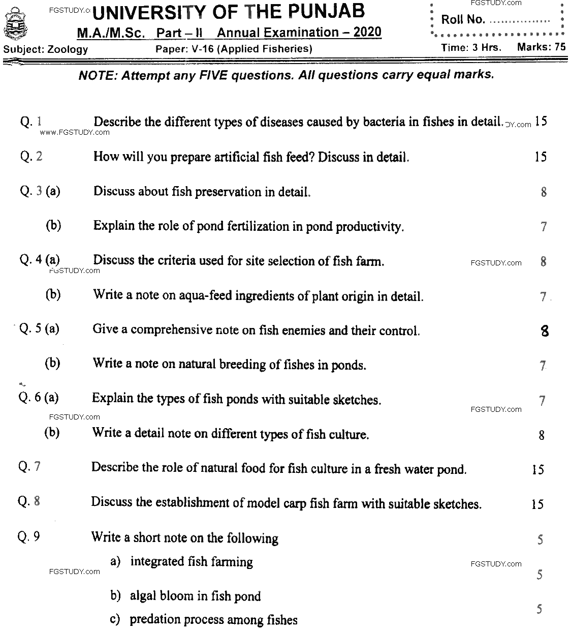 MSc Part 2 Zoology Applied Fisheries Past Paper 2020 Punjab University Subjective