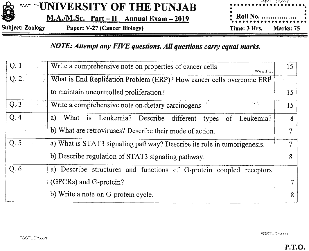 MSc Part 2 Zoology Cancer Biology Past Paper 2019 Punjab University Subjective