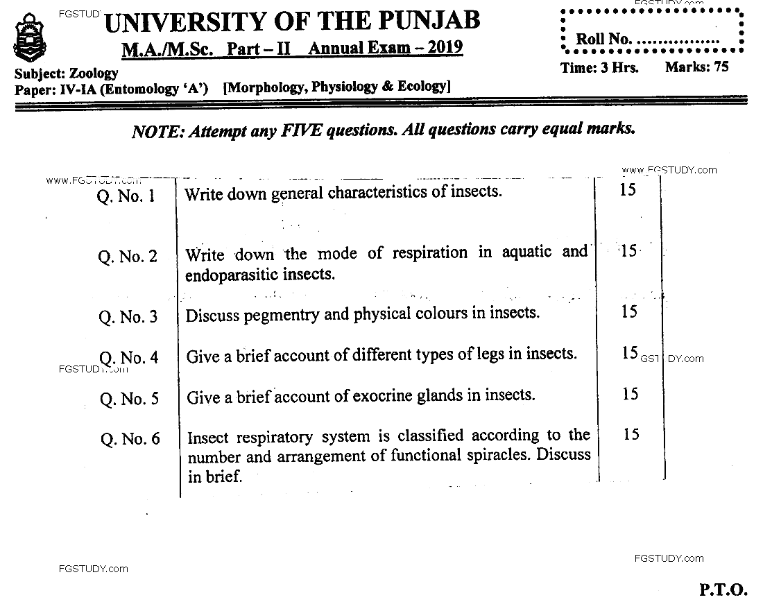 MSc Part 2 Zoology Entomology A Morphology Phsiology And Ecology Past Paper 2019 Punjab University Subjective