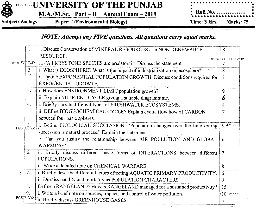MSc Part 2 Zoology Environmental Biology Past Paper 2019 Punjab University Subjective