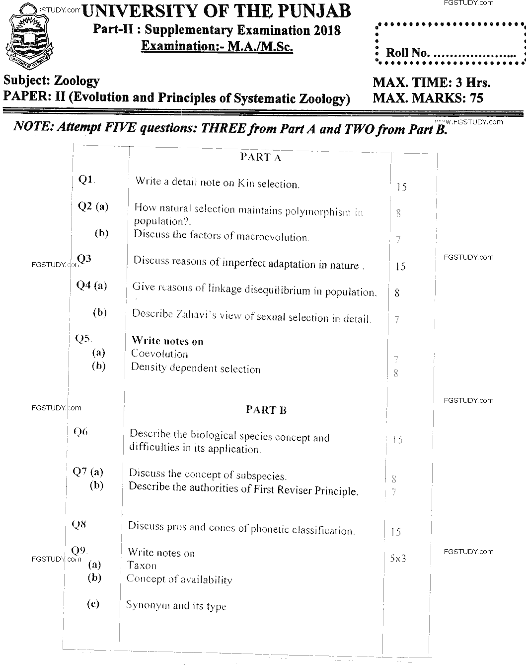 MSc Part 2 Zoology Evolution And Principles Of Systematic Zoology Past Paper 2018 Punjab University Subjective