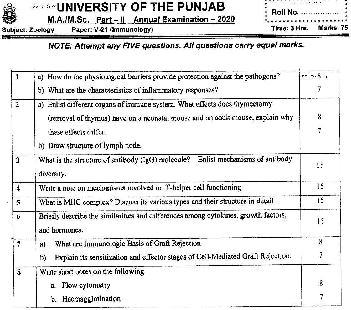 MSc Part 2 Zoology Immunology Past Paper 2020 Punjab University Subjective