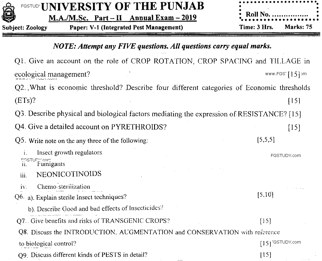 MSc Part 2 Zoology Integrated Pest Management Past Paper 2019 Punjab University Subjective