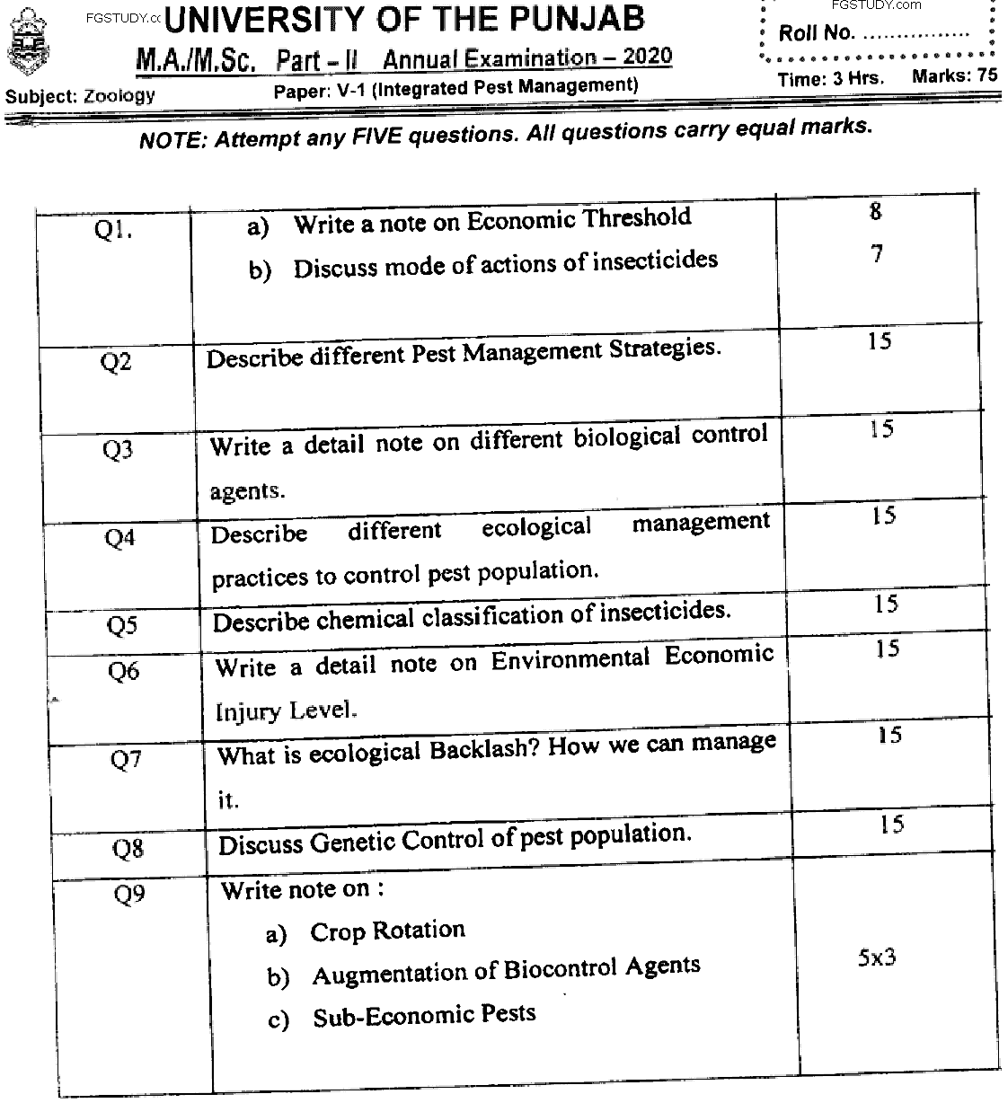 MSc Part 2 Zoology Integrated Pest Management Past Paper 2020 Punjab University Subjective