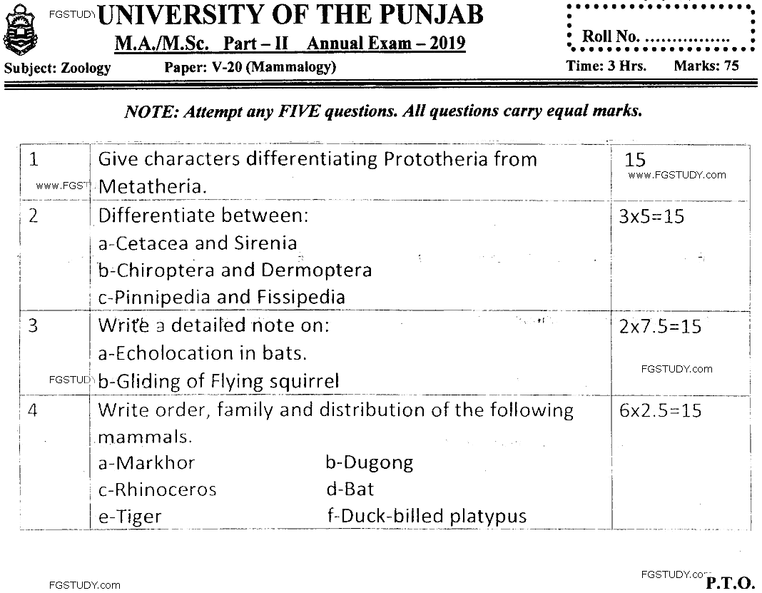 MSc Part 2 Zoology Mammalogy Past Paper 2019 Punjab University Subjective