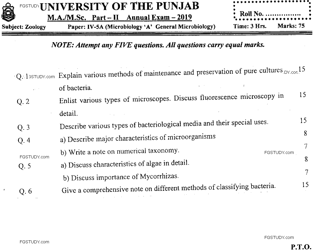 MSc Part 2 Zoology Microbiology A General Microbiology Past Paper 2019 Punjab University Subjective