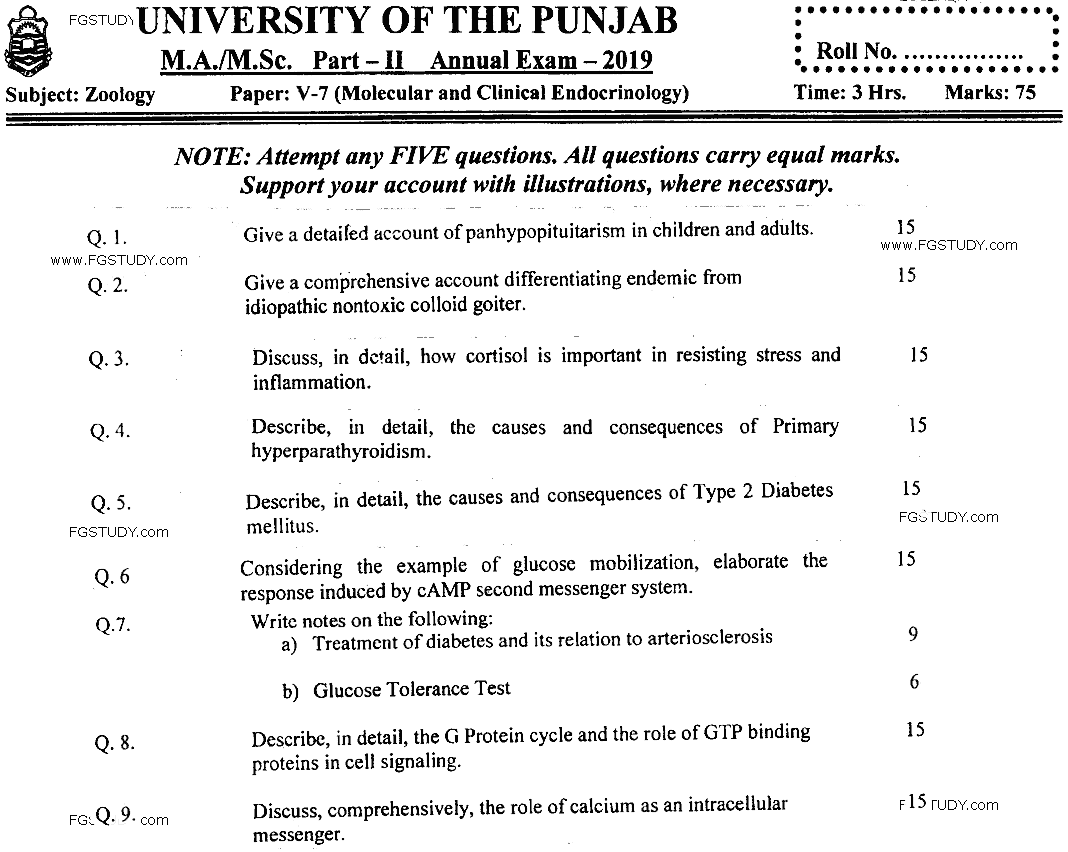 MSc Part 2 Zoology Molecular And Clinical Endrocrinology Past Paper 2019 Punjab University Subjective