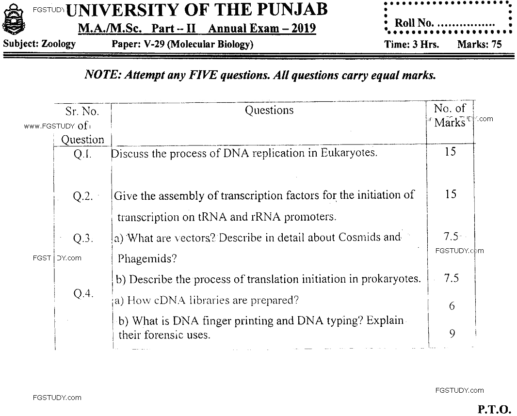MSc Part 2 Zoology Molecular Biology Past Paper 2019 Punjab University Subjective