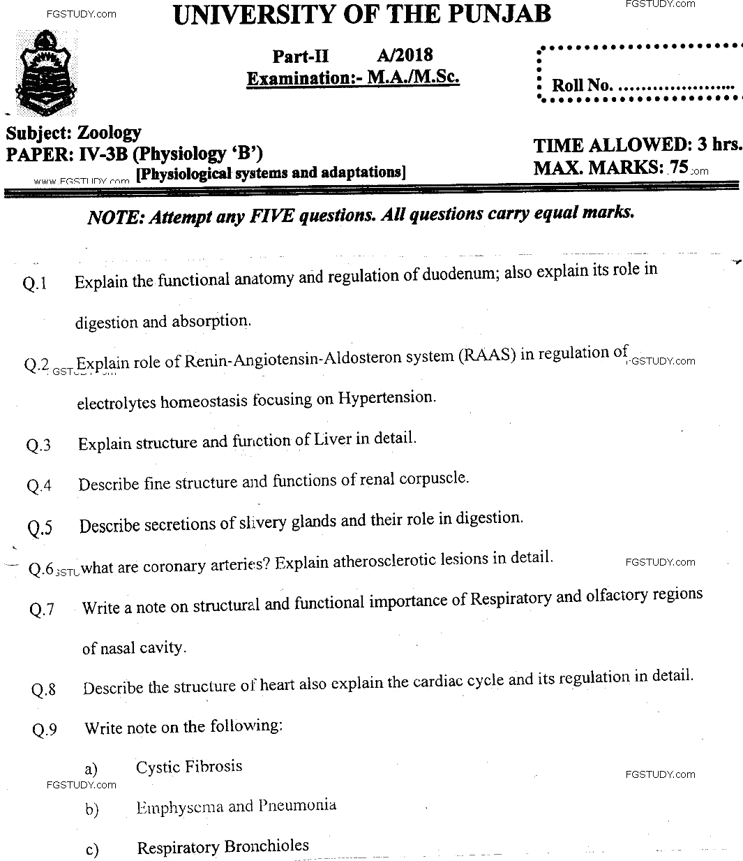 MSc Part 2 Zoology Physiological Systems And Adaptation Past Paper 2018 Punjab University Subjective