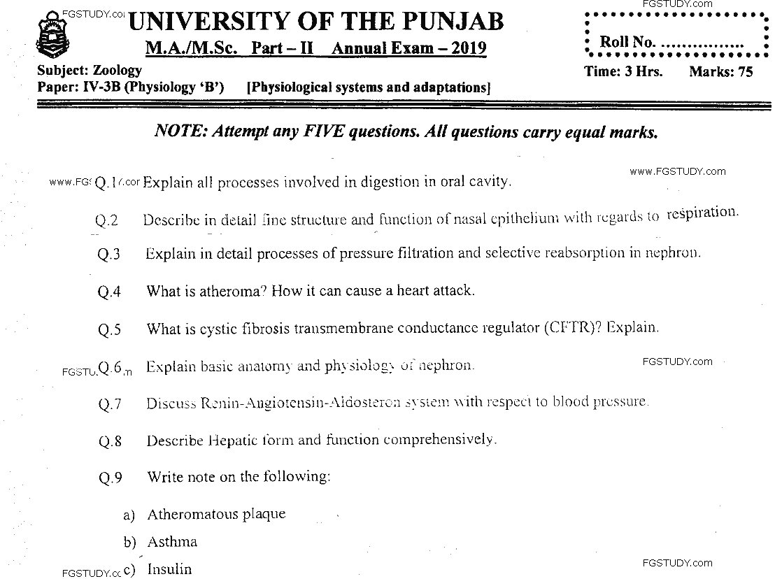 MSc Part 2 Zoology Physiological Systems And Adaptation Past Paper 2019 Punjab University Subjective