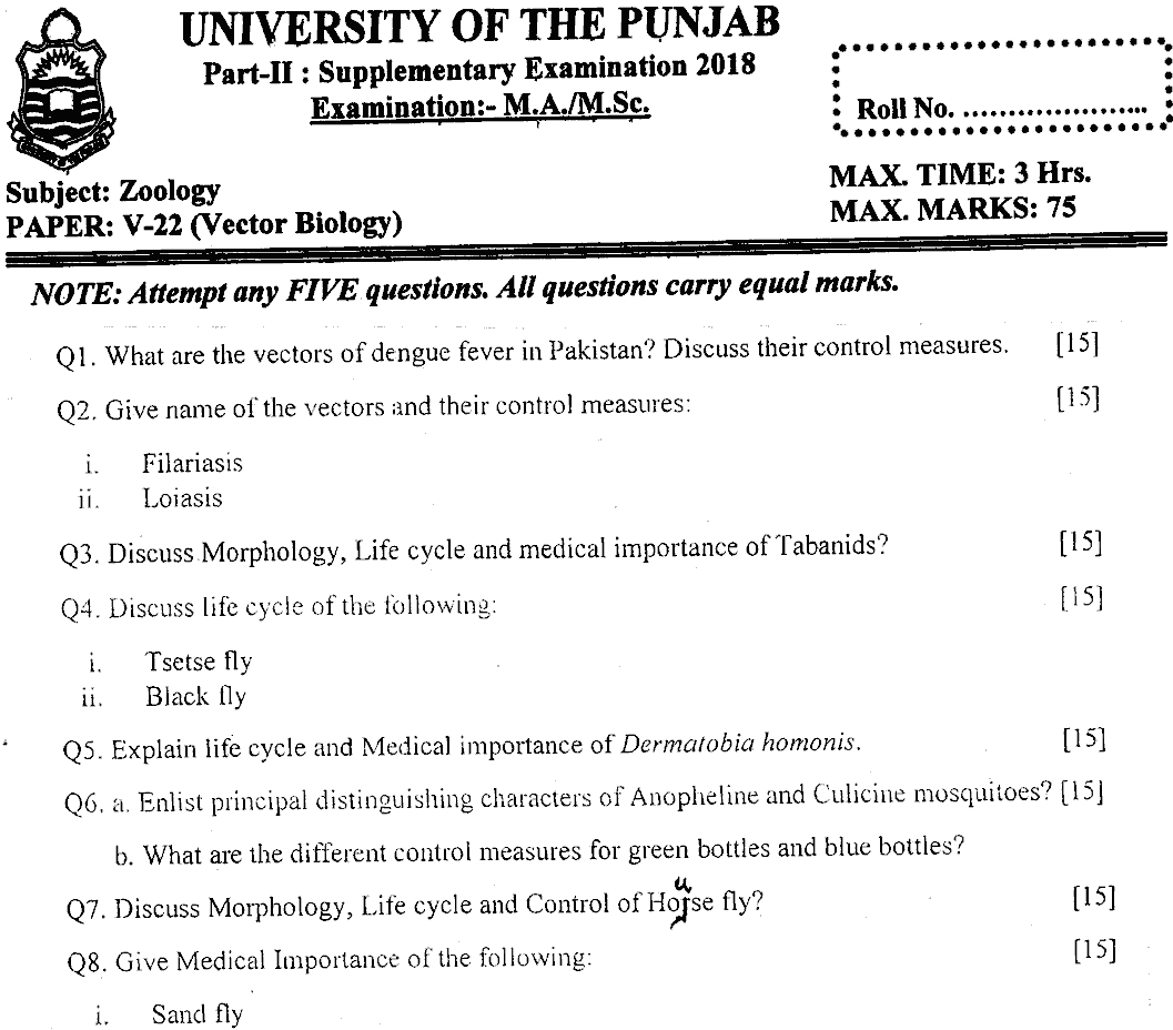 MSc Part 2 Zoology Vector Biology Past Paper 2018 Punjab University Subjective