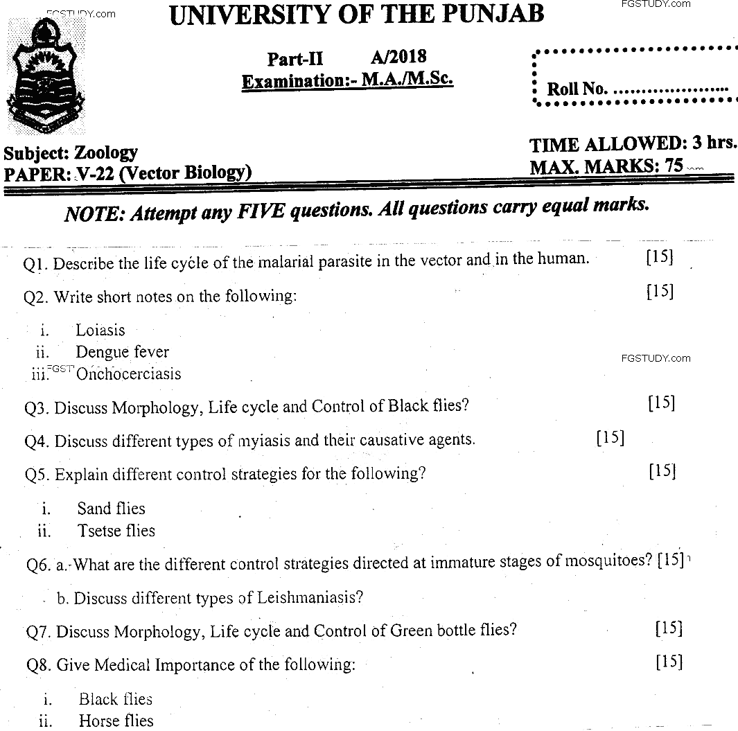 MSc Part 2 Zoology Vector Biology Past Paper 2018 Punjab University Subjective