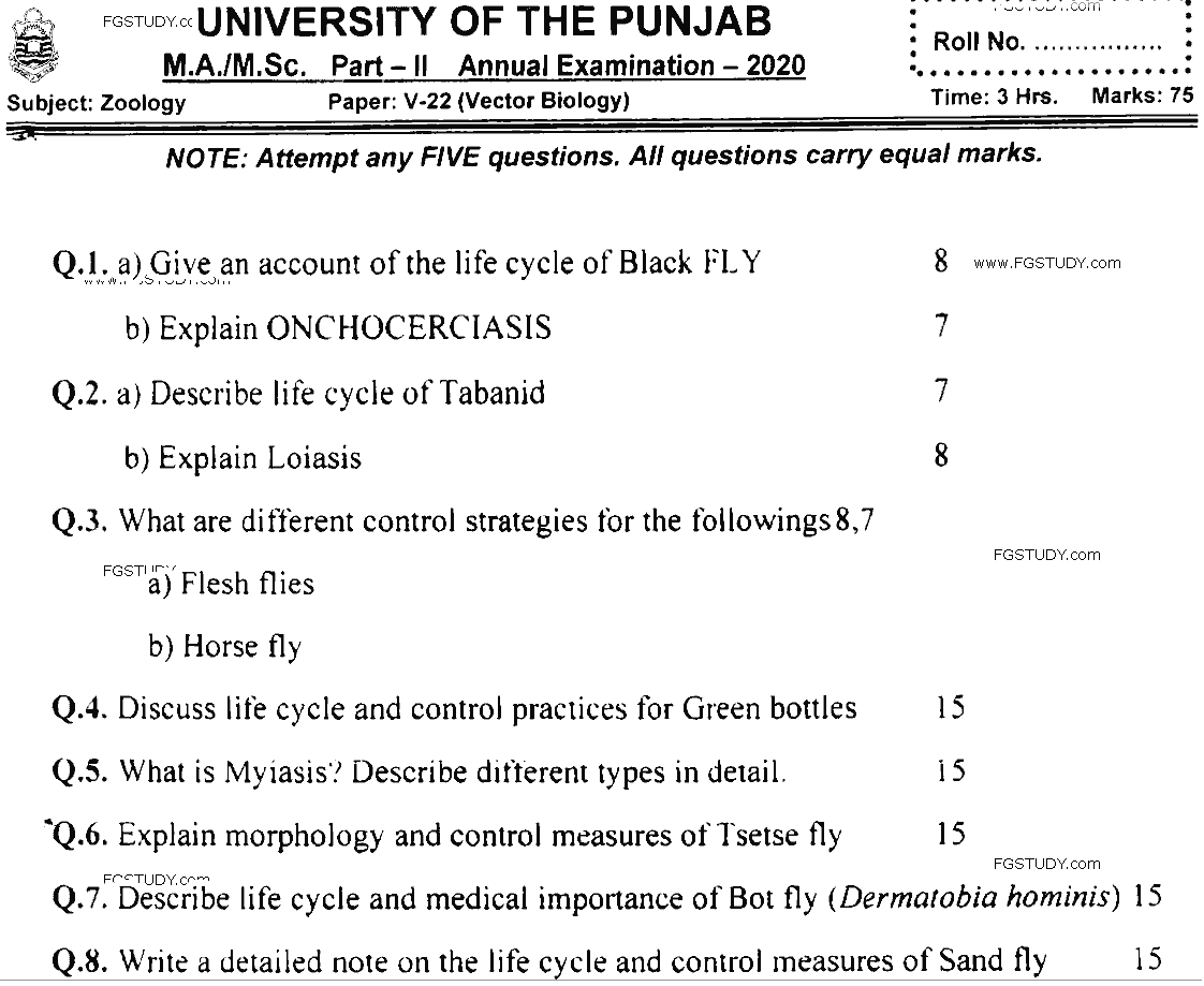 MSc Part 2 Zoology Vector Biology Past Paper 2020 Punjab University Subjective