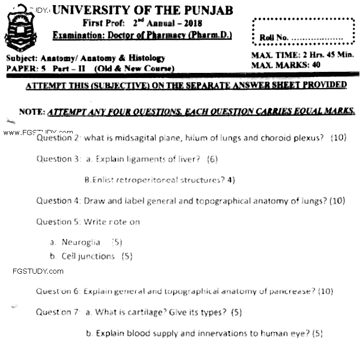 Doctor of Pharmacy Anatomy Past Paper 2018 Punjab University Subjective