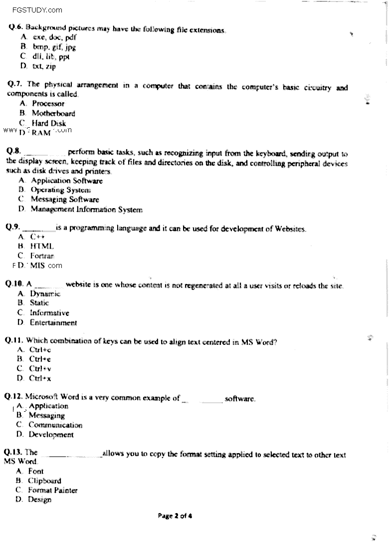 Doctor of Pharmacy Computer And Its Applications In Pharmacy Past Paper 2015 Punjab University Objective