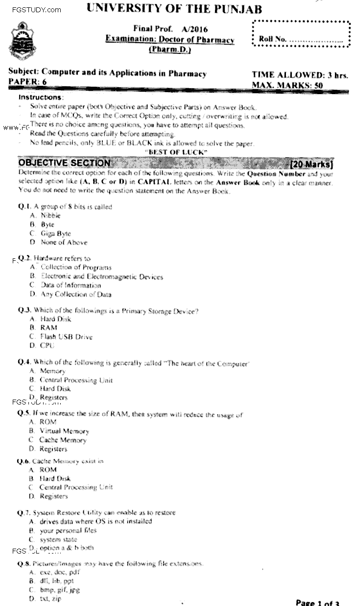 Doctor of Pharmacy Computer And Its Applications In Pharmacy Past Paper 2016 Punjab University Objective