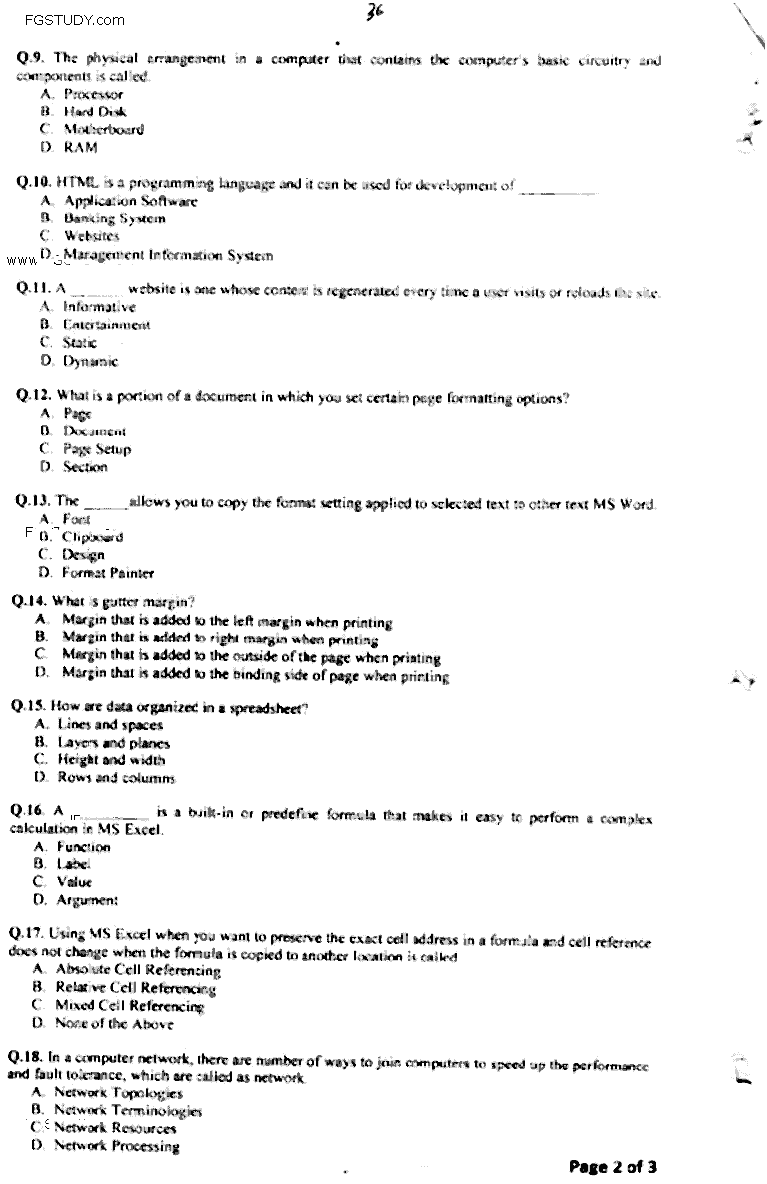 Doctor of Pharmacy Computer And Its Applications In Pharmacy Past Paper 2016 Punjab University Objective