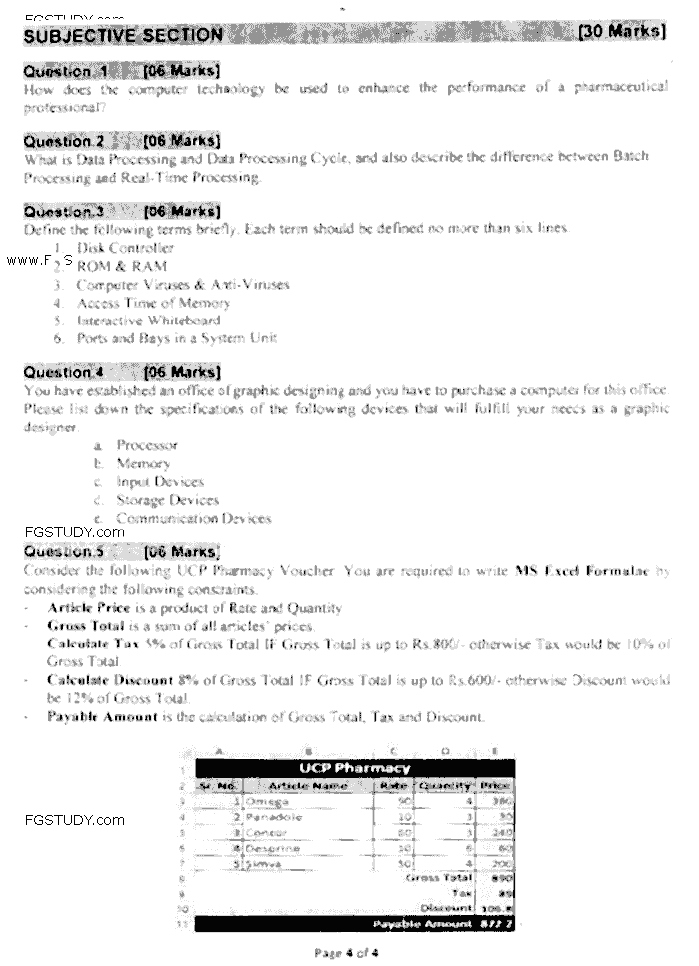 Doctor of Pharmacy Computer And Its Applications In Pharmacy Past Paper 2016 Punjab University Subjective