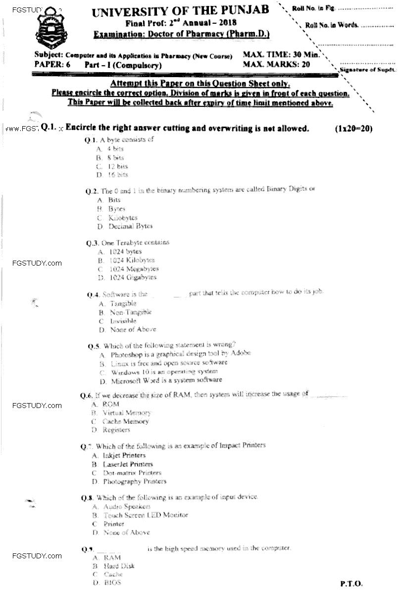 Doctor of Pharmacy Computer And Its Applications In Pharmacy Past Paper 2018 Punjab University Objective