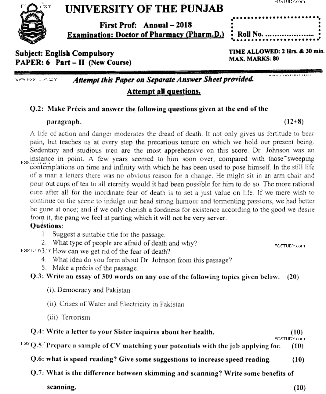 Doctor of Pharmacy English Past Paper 2018 Punjab University Subjective
