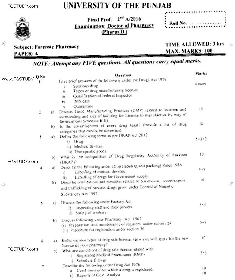 Doctor of Pharmacy Forensic Pharmacy Past Paper 2016 Punjab University Subjective
