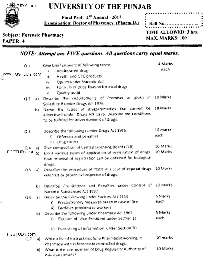 Doctor of Pharmacy Forensic Pharmacy Past Paper 2017 Punjab University Subjective