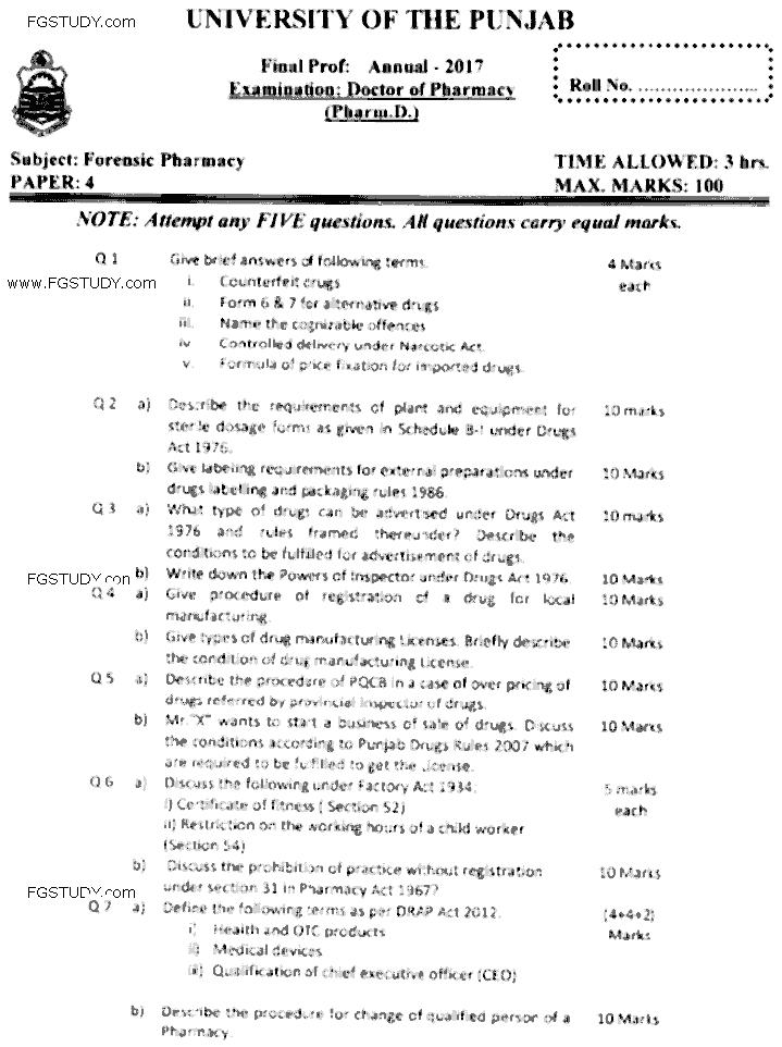 Doctor of Pharmacy Forensic Pharmacy Past Paper 2017 Punjab University Subjective