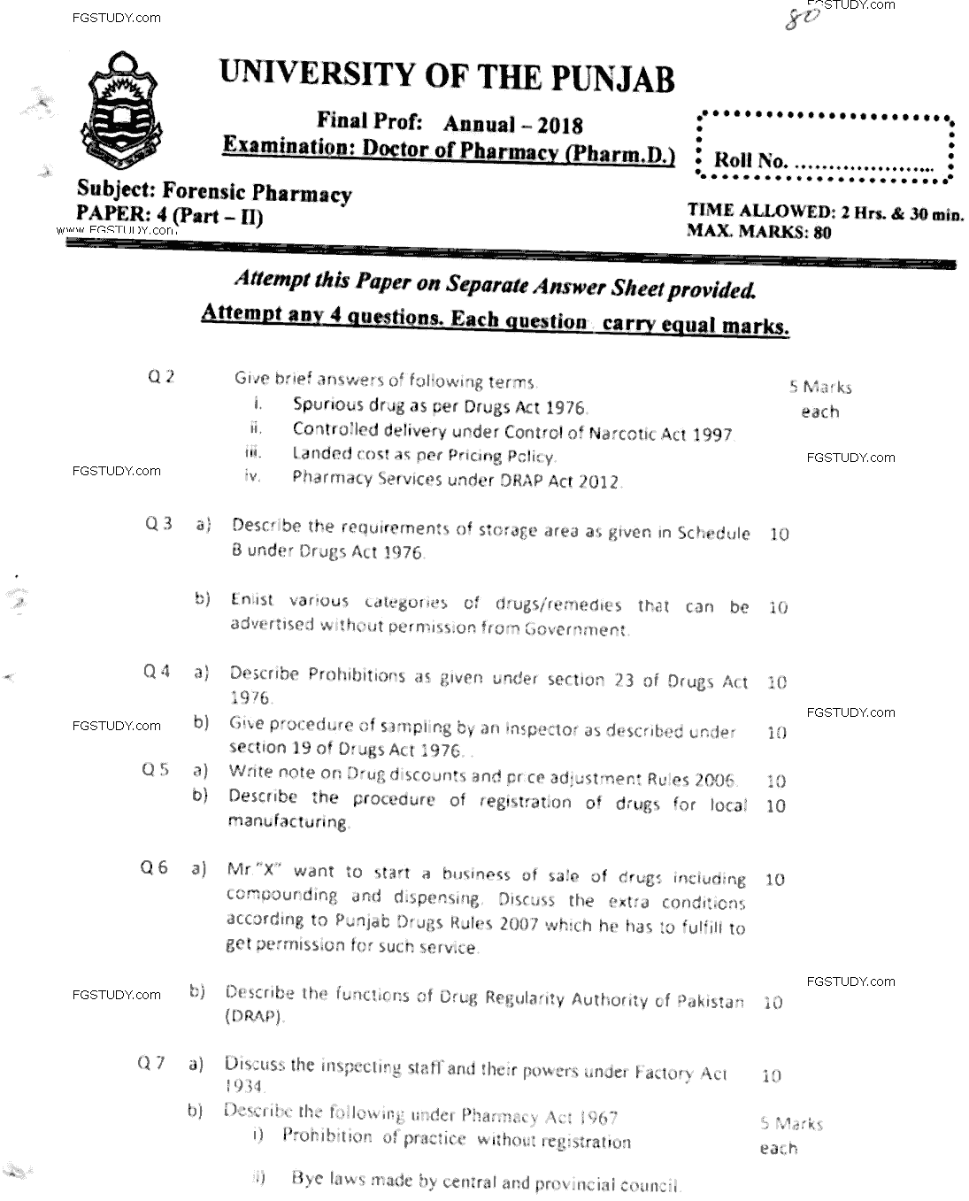 Doctor of Pharmacy Forensic Pharmacy Past Paper 2018 Punjab University Subjective