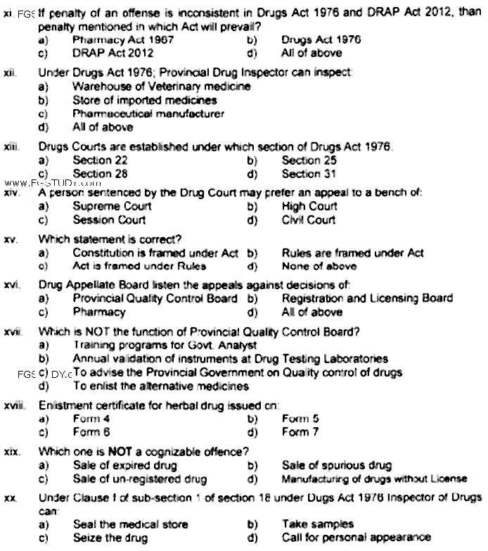 Doctor of Pharmacy Forensic Pharmacy Past Paper 2019 Punjab University Objective
